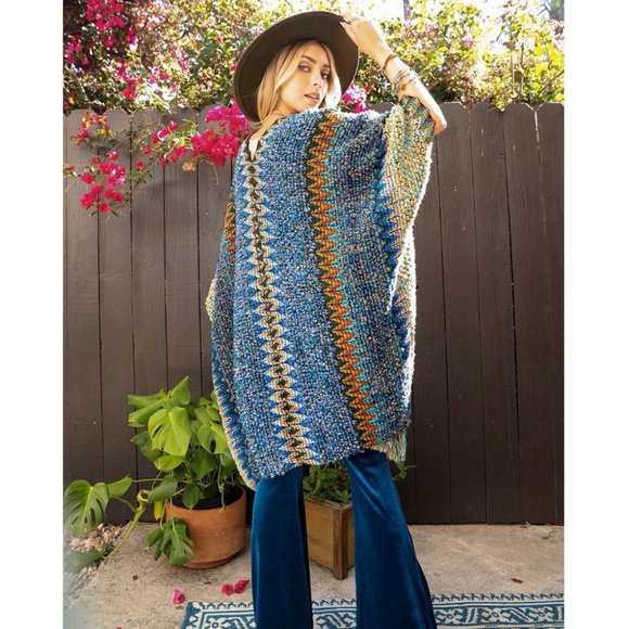 Colorful Cobalt Crochet Patterned Ruana - Picture 2 of 6